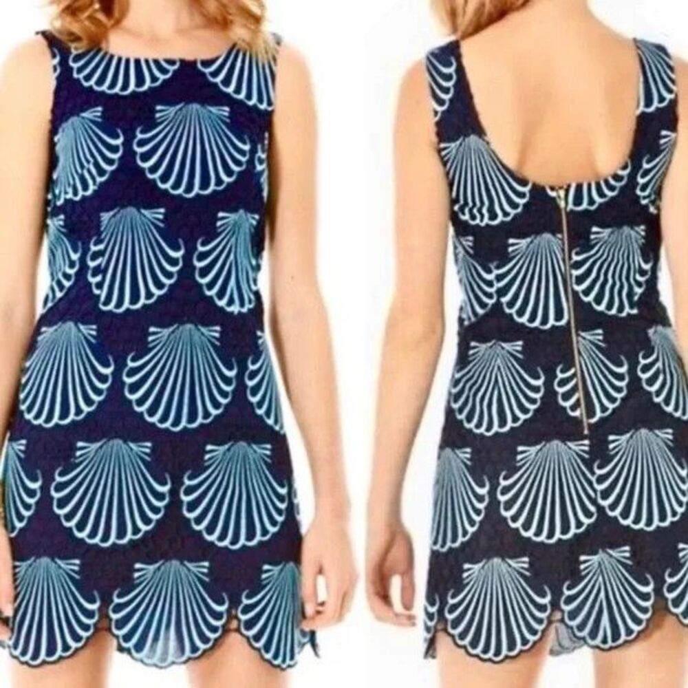 Lilly Pulitzer Delia Shift Dress Jumbo Sea Eyelet Size 00 Blue Navy Shells